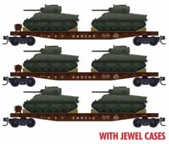 Micro-Trains N 98302219 50' Flat Car With Fishbelly Side, Side Mount Brake Wheel, And M4 Sherman Tanks Load, New York Central (3-Pack)